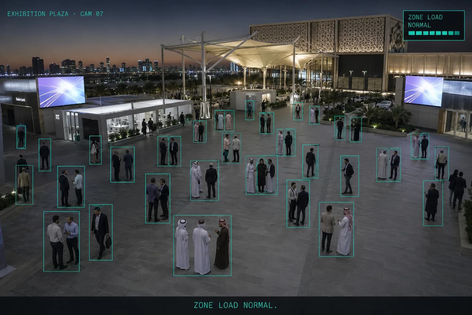 Exhibition plaza at dusk seen from camera 07. Every person and standing group is boxed and counted, with zone load reported as normal.