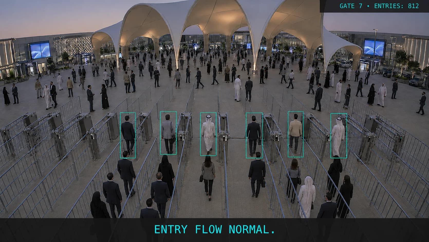 Gate 7 entry plaza at dusk. People passing the turnstiles are boxed and counted — 812 entries so far — with entry flow reported as normal.